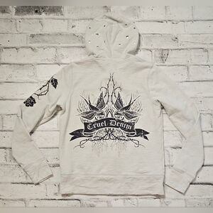 Cruel Denim Western Graphic Studded Zip Hoodie Y2K Cream Large